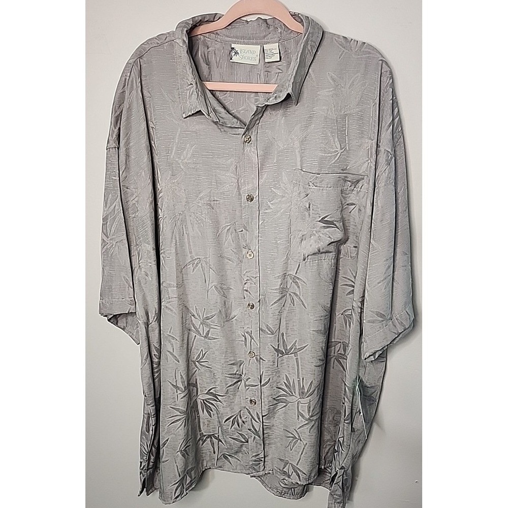 Island Shores Mens 4X Grey Bamboo Print Short Sleeve Button Down Shirt NWT